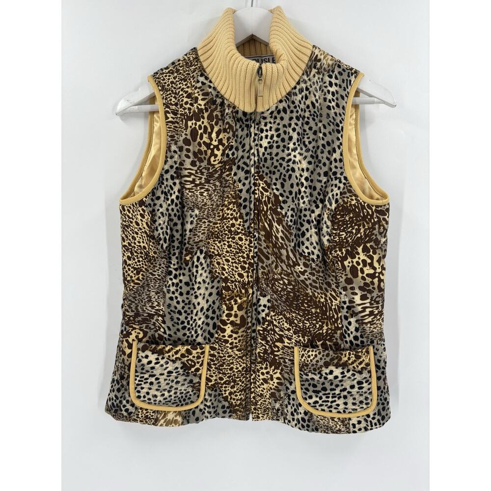 Vintage Carlisle Vest Jacket Womens 8 Yellow Brown Animal Print 100% Silk Zip Up